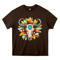 Chocolate Brown Western bull skull sunflower Heavy Core Tee - MaliasSmallBusiness