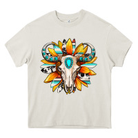 Cream Western bull skull sunflower Heavy Core Tee - MaliasSmallBusiness