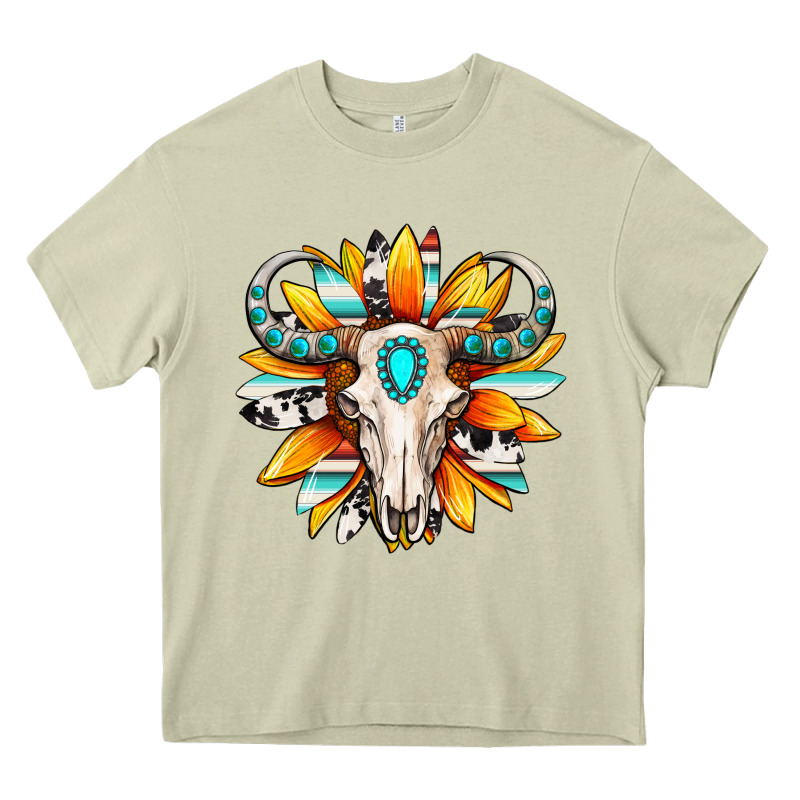 Western Bull Skull Sunflower Heavy Core Tee by MaliasSmallBusiness | Teevron