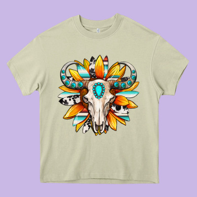 Western Bull Skull Sunflower Heavy Core Tee Designed By Maliassmallbusiness