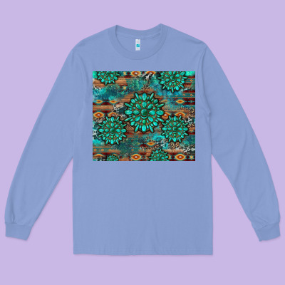 Gemstone Turquoises Aztec Leopard Cowhide Long Sleeve Tee Designed By Artiststas