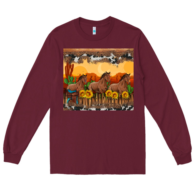 Western Horses And  Sunset With Sunflowers Long Sleeve Tee by Artiststas | Teevron