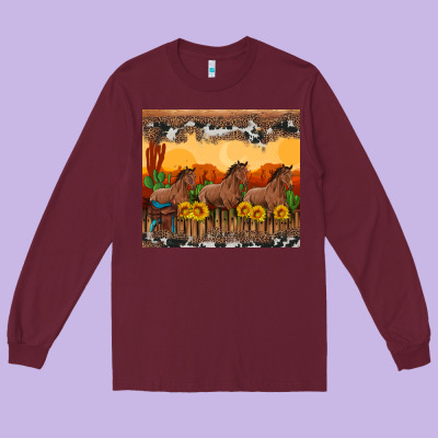 Western Horses And  Sunset With Sunflowers Long Sleeve Tee Designed By Artiststas