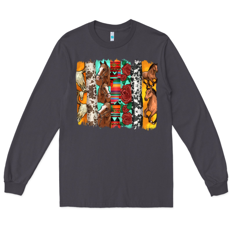Western Horses Roses And Bullskulls Wıth Cowhide Amd Serape Brushstro Long Sleeve Tee by Artiststas | Teevron