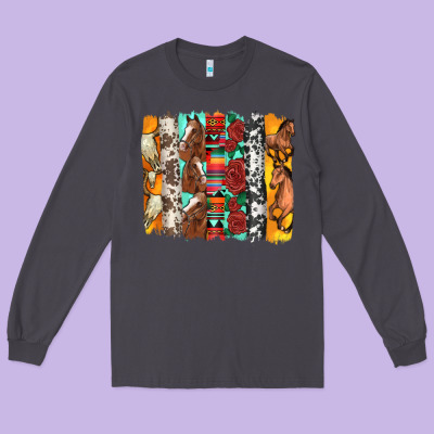 Western Horses Roses And Bullskulls Wıth Cowhide Amd Serape Brushstro Long Sleeve Tee Designed By Artiststas