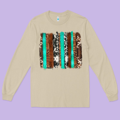 Western Cowhide Wood And Turquoise Glitter Brushstrokes Long Sleeve Tee Designed By Artiststas