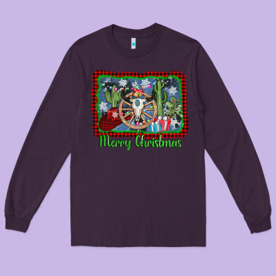 Merry Christmas Western Bull Skull Long Sleeve Tee Designed By Adodesignshop