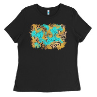 Black glitter leopard turquoise background Ladies Tee - AdoDesignShop