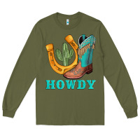 Army Green howdy turquoise cowboy boots horseshoe Long Sleeve Tee - AdoDesignShop