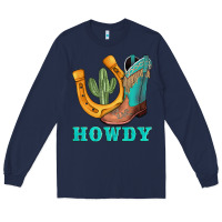 Navy howdy turquoise cowboy boots horseshoe Long Sleeve Tee - AdoDesignShop