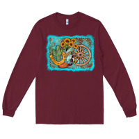 Burgundy western wooden wheel cowboy boots Long Sleeve Tee - AdoDesignShop
