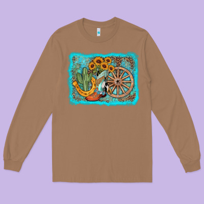 Western Wooden Wheel Cowboy Boots Long Sleeve Tee Designed By Adodesignshop