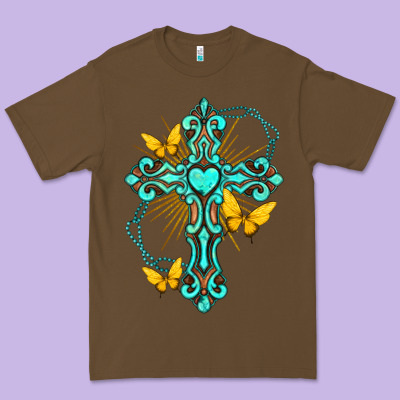 Cross With Heart Shaped Gemstone And Butterfly Premium Tee Designed By Texasbilliewilder