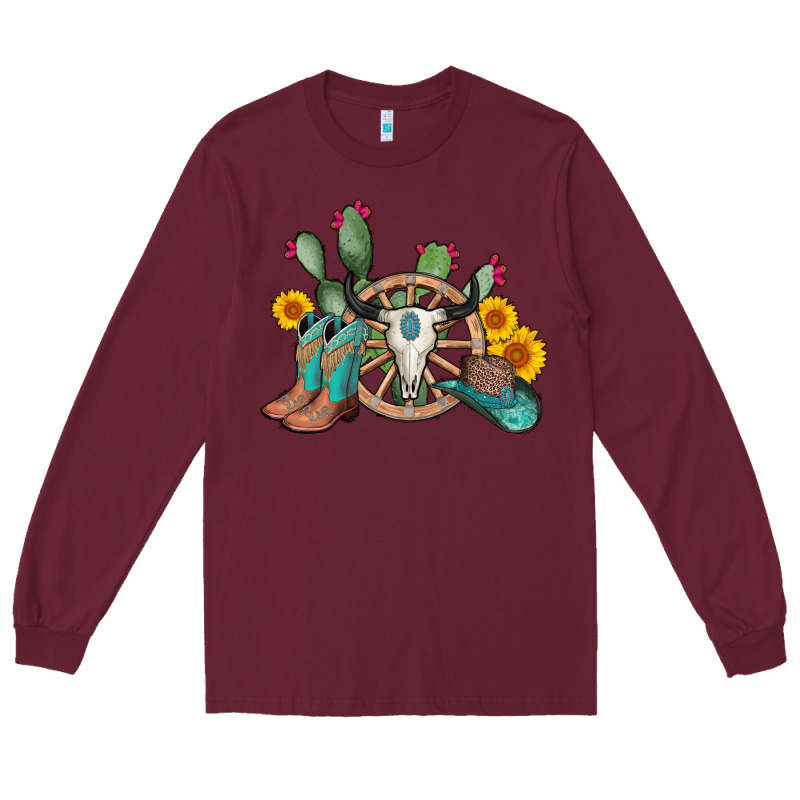 Wheel Bull Skull Western Cowboy Long Sleeve Tee by AdoDesignShop | Teevron