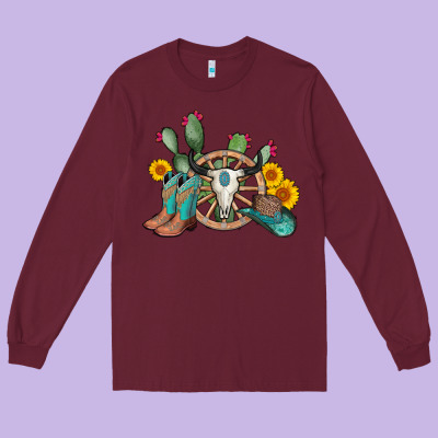 Wheel Bull Skull Western Cowboy Long Sleeve Tee Designed By Adodesignshop