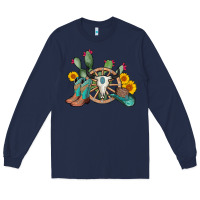 Navy wheel bull skull western cowboy Long Sleeve Tee - AdoDesignShop