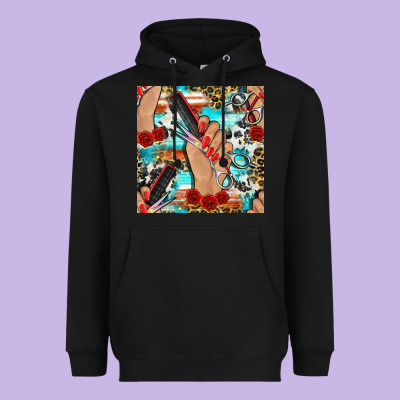 Hairdresser Hand Scissors And Roses With Serape Leopard And Cowhide Se Heavyweight Hoodie Designed By Bundleandbundleshop