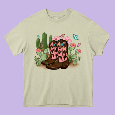 Cowboy Boots With Cactus Heavy Core Tee Designed By Maliassmallbusiness