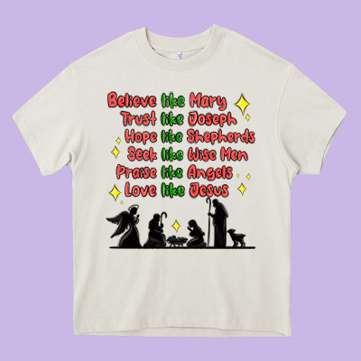 Jesus And Family Belive Like Mary Heavy Core Tee Designed By Maliassmallbusiness