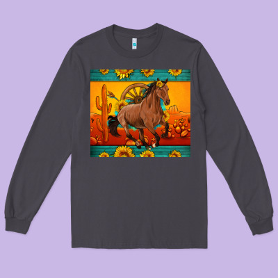 Western Sunset Galloping Horse Sunflower Long Sleeve Tee Designed By Artiststas