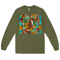 Army Green sunflowers and cactus horses turquoise aztec leopard background Long Sleeve Tee - Artiststas