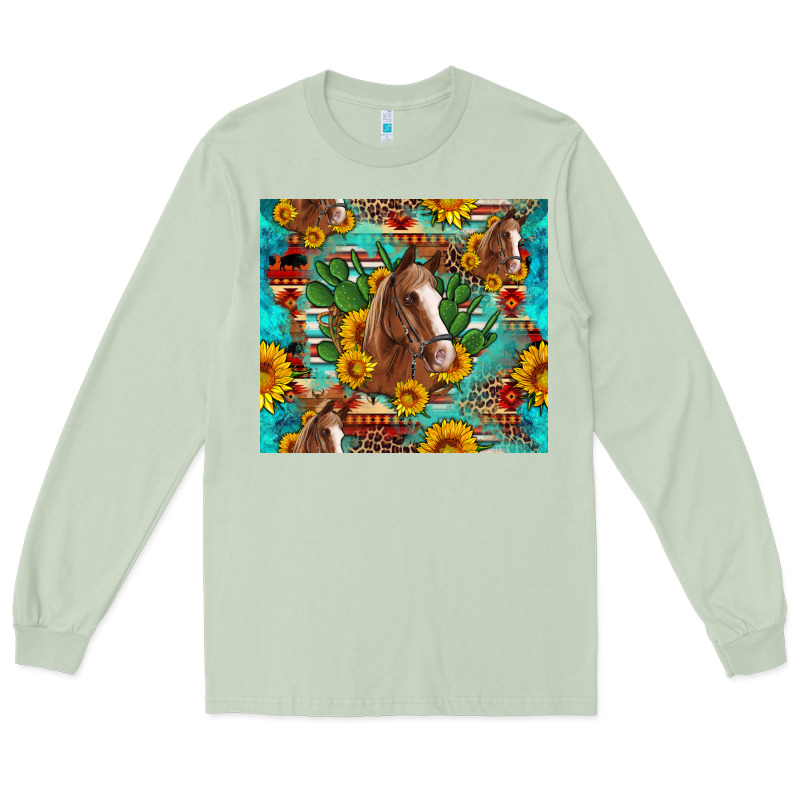 Sunflowers And Cactus Horses Turquoise Aztec Leopard Background Long Sleeve Tee by Artiststas | Teevron