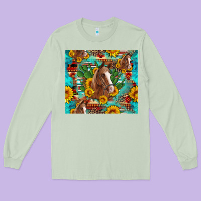 Sunflowers And Cactus Horses Turquoise Aztec Leopard Background Long Sleeve Tee Designed By Artiststas