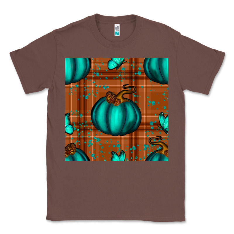 Turquoise Pumpkin Plaid Seamless Pattern Classic Tee by BundleAndBundleShop | Teevron