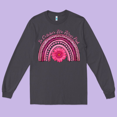 In October We Wear Pink Rainbow Long Sleeve Tee Designed By Adodesignshop