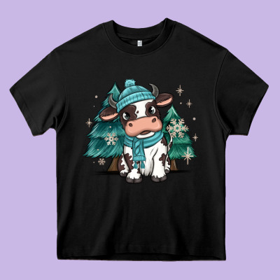 Winter I'm Udderly Freezing Baby Cow Heavy Core Tee Designed By Maliassmallbusiness