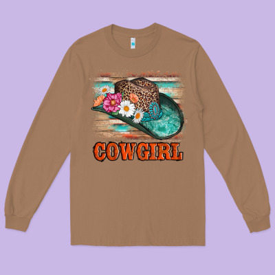 Cowgirl Hat Flowers Leopard And  Leather Long Sleeve Tee Designed By Adodesignshop
