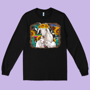 Goat Family With Sunflowers Western Serape Turquoise Background Long Sleeve Tee Designed By Artiststas
