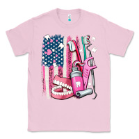 Bubblegum Pink American flag and dental elements with teeth Classic Tee - AdoDesignShop