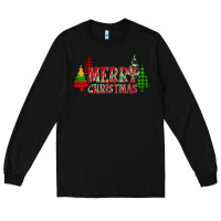 Black merry christmas glitter plaid trees Long Sleeve Tee - AdoDesignShop