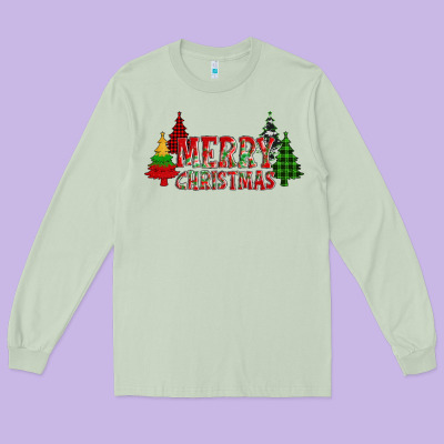 Merry Christmas Glitter Plaid Trees Long Sleeve Tee Designed By Adodesignshop