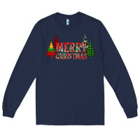 Navy merry christmas glitter plaid trees Long Sleeve Tee - AdoDesignShop