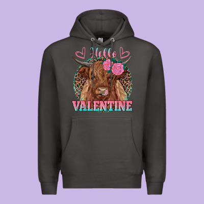 Hello Valentine Highland Cow Premium Hoodie Designed By Ranaportraitstore