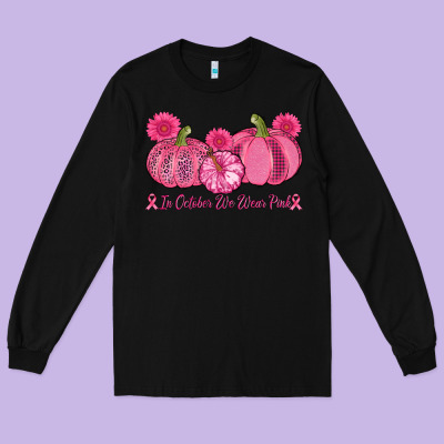 In October We Wear Pink Pumpkins Long Sleeve Tee Designed By Adodesignshop