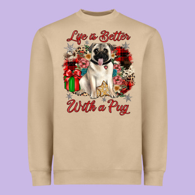 Christmas Life Is Better With A Pug Heavyweight Sweatshirt Designed By Jahusdesignshop