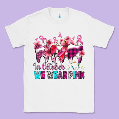 In October We Wear Pink Cancer Ribbon With Teeth Classic Tee Designed By Adodesignshop
