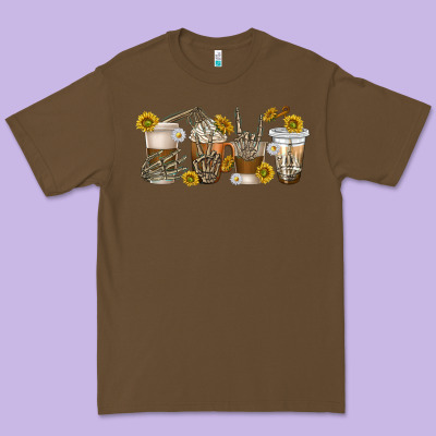 Premium Tee skeleton hands coffee cups