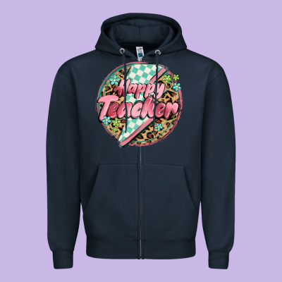 Happy Teacher Lighting Bolt Zipper Hoodie Designed By Maliassmallbusiness
