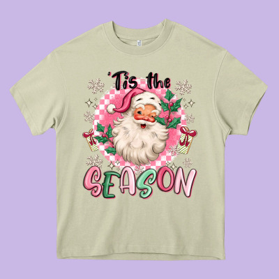 Pink Santa 'tis The Season Heavy Core Tee Designed By Maliassmallbusiness