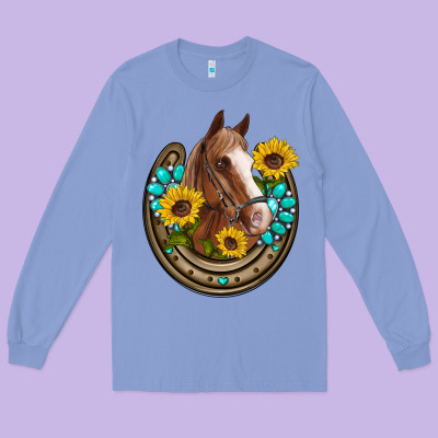 Western Horseshoe Horse Sunflowers Gemstone Long Sleeve Tee Designed By Artiststas