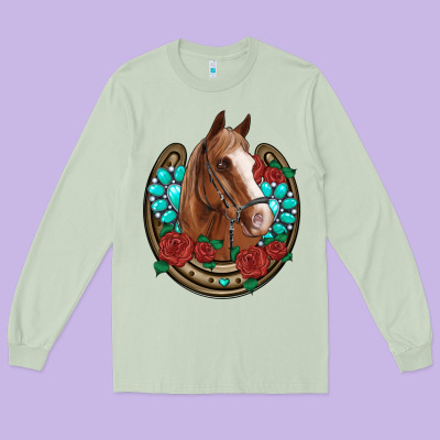 Western Horseshoe Horse Roses Gemstone Long Sleeve Tee Designed By Artiststas