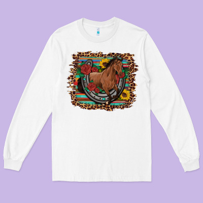 Western Horse Horseshoe Roses Sunflowers Serape Leopard Long Sleeve Tee Designed By Artiststas