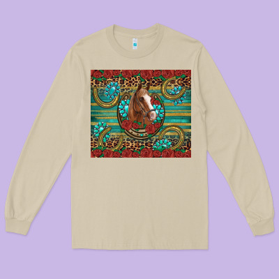 Western Horse Horseshoe Roses Gemstones Glitter Wooden Long Sleeve Tee Designed By Artiststas