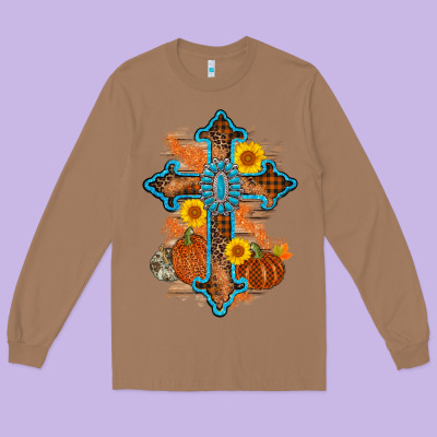 Thanksgiving Cross Pumpkin Sunflower Long Sleeve Tee Designed By Adodesignshop