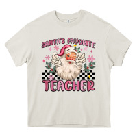 Cream santa's favorite teacher Heavy Core Tee - MaliasSmallBusiness