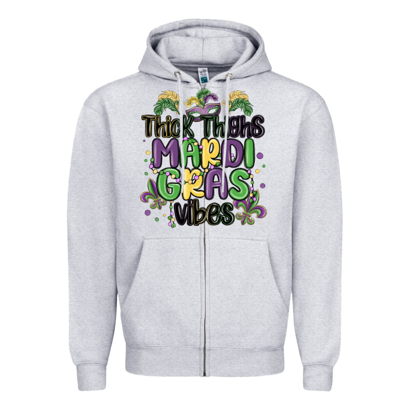 Thick Thighs Mardi Gras Vibes Zipper Hoodie by MaliasSmallBusiness | Teevron